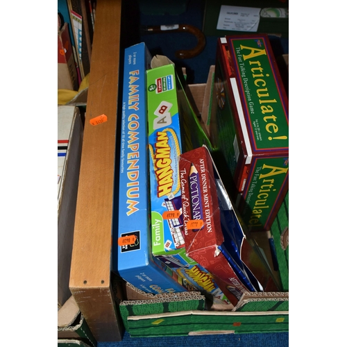 487 - THREE BOXES AND LOOSE TOYS, GAMES AND PICTURES, to include two vintage skateboards, assorted mainly ... 