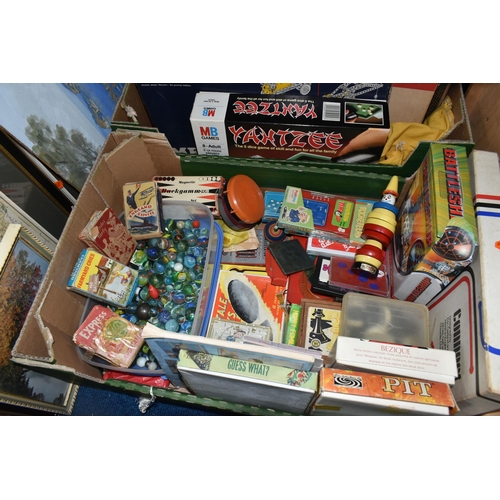 487 - THREE BOXES AND LOOSE TOYS, GAMES AND PICTURES, to include two vintage skateboards, assorted mainly ... 