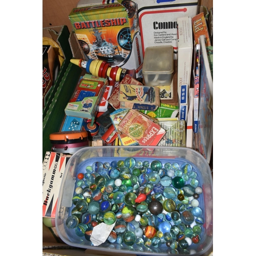 487 - THREE BOXES AND LOOSE TOYS, GAMES AND PICTURES, to include two vintage skateboards, assorted mainly ... 