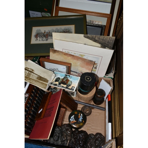 488 - THREE BOXES AND LOOSE POSTCARDS, PICTURES, GAMES, TREEN AND SUNDRY ITEMS, to include various wooden ... 