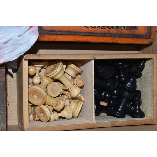 488 - THREE BOXES AND LOOSE POSTCARDS, PICTURES, GAMES, TREEN AND SUNDRY ITEMS, to include various wooden ... 