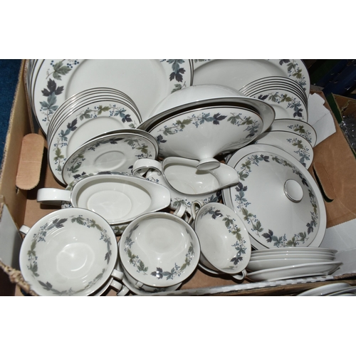 497 - SIX BOXES OF TEA AND DINNER WARES, to include a thirty four piece Royal Doulton 'Burgundy' TC1001 pa... 