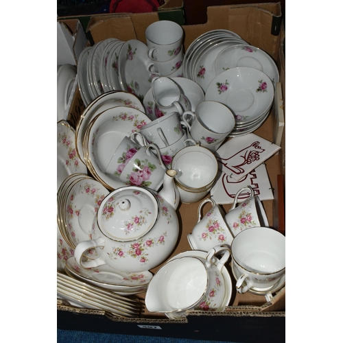 497 - SIX BOXES OF TEA AND DINNER WARES, to include a thirty four piece Royal Doulton 'Burgundy' TC1001 pa... 