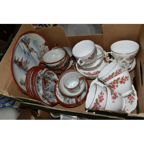 497 - SIX BOXES OF TEA AND DINNER WARES, to include a thirty four piece Royal Doulton 'Burgundy' TC1001 pa... 