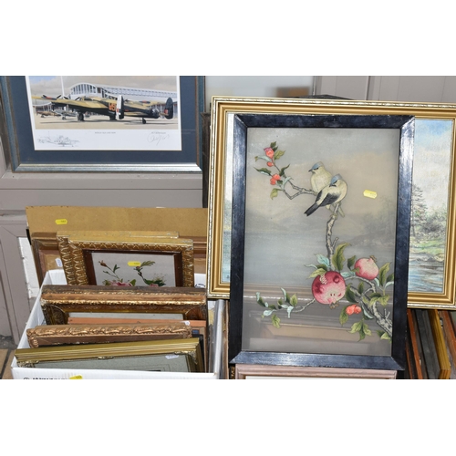 502 - TWO BOXES AND LOOSE PICTURES AND PRINTS ETC, to include a watercolour / gouache depicting Tango danc... 