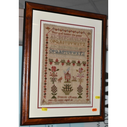 503 - TWO 19TH CENTURY NEEDLEWORK PICTURES, the first a tapestry worked in wool depicting two exotic birds... 