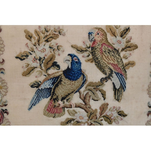 503 - TWO 19TH CENTURY NEEDLEWORK PICTURES, the first a tapestry worked in wool depicting two exotic birds... 