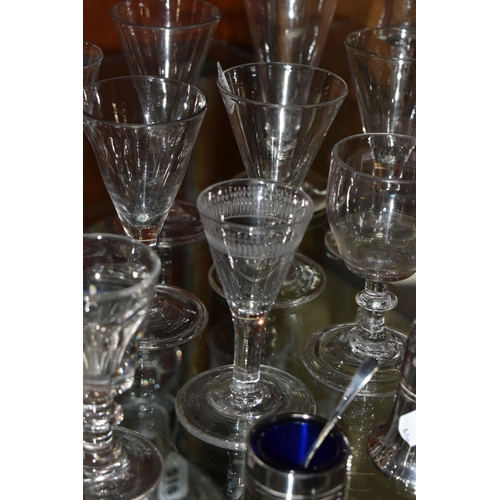 509 - A COLLECTION OF GEORGIAN GLASSES AND A PLATED CRUET SET, comprising fifteen glasses of conical, buck... 