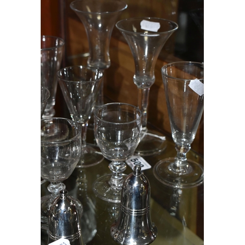 509 - A COLLECTION OF GEORGIAN GLASSES AND A PLATED CRUET SET, comprising fifteen glasses of conical, buck... 