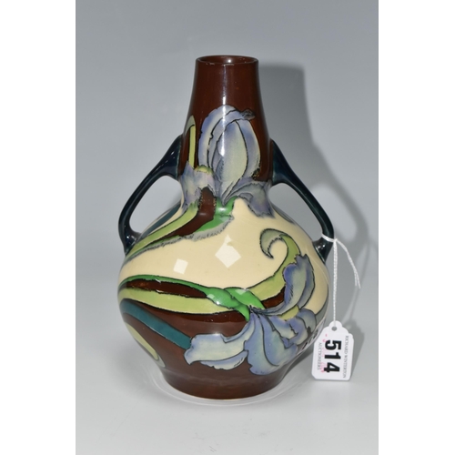 514 - A FOLEY INTARSIO 'IRIS' PATTERN TWIN HANDLED VASE, model 3387, designed by Frederick Rhead, decorate... 