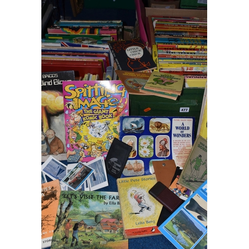 477 - TWO BOXES AND LOOSE COLLECTIONS OF VINTAGE CHILDRENS BOOKS AND ANNUALS to include a large quantity o... 