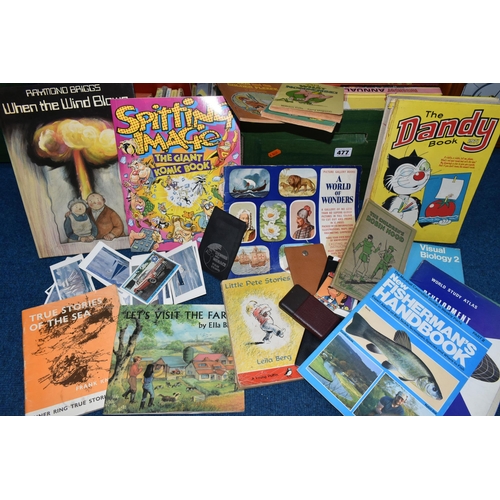 477 - TWO BOXES AND LOOSE COLLECTIONS OF VINTAGE CHILDRENS BOOKS AND ANNUALS to include a large quantity o... 