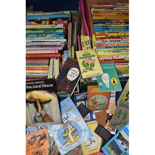 477 - TWO BOXES AND LOOSE COLLECTIONS OF VINTAGE CHILDRENS BOOKS AND ANNUALS to include a large quantity o... 