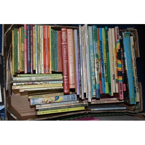 477 - TWO BOXES AND LOOSE COLLECTIONS OF VINTAGE CHILDRENS BOOKS AND ANNUALS to include a large quantity o... 