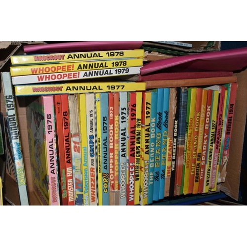 477 - TWO BOXES AND LOOSE COLLECTIONS OF VINTAGE CHILDRENS BOOKS AND ANNUALS to include a large quantity o... 