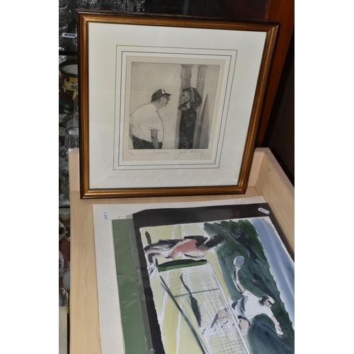 522 - A SELECTION OF PAINTINGS AND PRINTS ETC, to include two Julia Midgley tennis themed pen and watercol... 