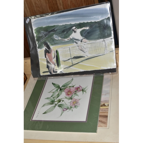 522 - A SELECTION OF PAINTINGS AND PRINTS ETC, to include two Julia Midgley tennis themed pen and watercol... 