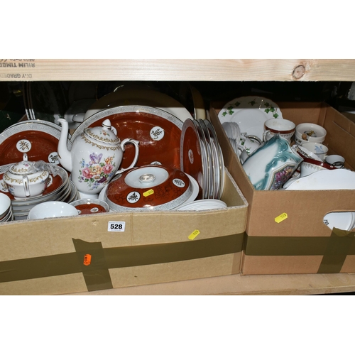 528 - THREE BOXES OF CERAMIC DINNERWARE to include a large Chinese dinner set with manufacturers marks on ... 