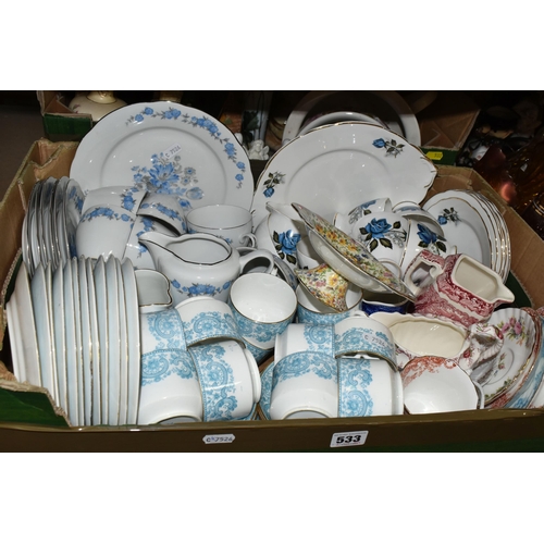 533 - FIVE BOXES AND LOOSE ASSORTED CERAMICS AND GLASS ORNAMENTS to include  a large quantity of dinnerwar... 