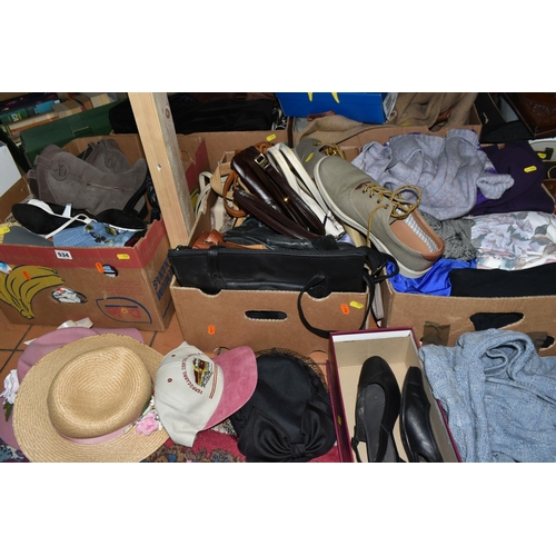 534 - FIVE BOXES OF MEN'S AND WOMEN'S CLOTHES AND ACCESSORIES to include a selection of hats, high street ... 