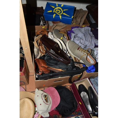 534 - FIVE BOXES OF MEN'S AND WOMEN'S CLOTHES AND ACCESSORIES to include a selection of hats, high street ... 