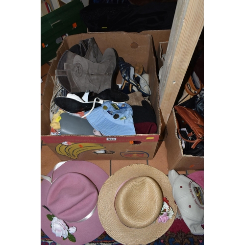 534 - FIVE BOXES OF MEN'S AND WOMEN'S CLOTHES AND ACCESSORIES to include a selection of hats, high street ... 