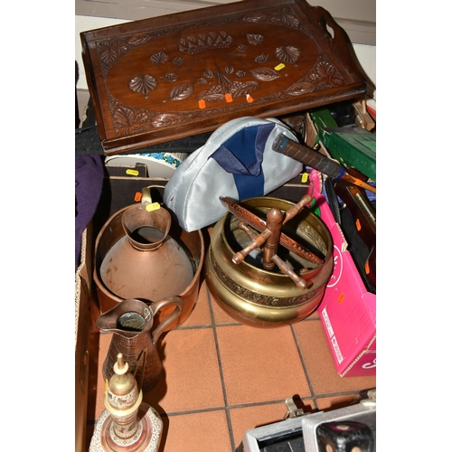 535 - THREE BOXES OF ASSORTED MISCELLANEOUS SUNDRIES AND LOOSE to include two copper jugs and basin, a var... 