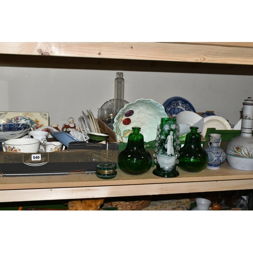 540 - THREE BOXES AND LOOSE CERAMICS AND GLASSWARE, to include a green glass 'Mary Gregory' style vase, a ... 