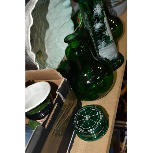 540 - THREE BOXES AND LOOSE CERAMICS AND GLASSWARE, to include a green glass 'Mary Gregory' style vase, a ... 