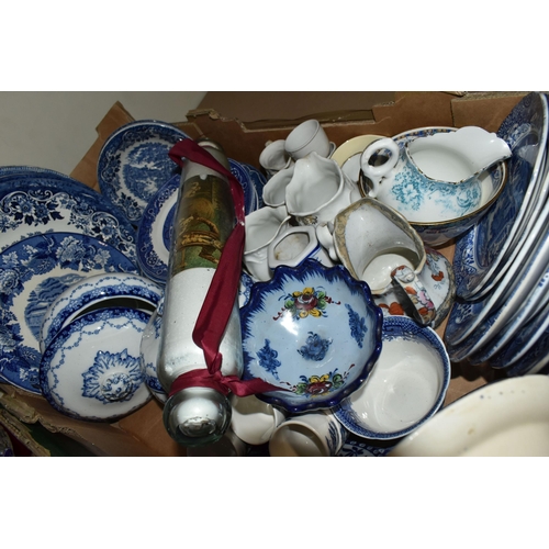 540 - THREE BOXES AND LOOSE CERAMICS AND GLASSWARE, to include a green glass 'Mary Gregory' style vase, a ... 