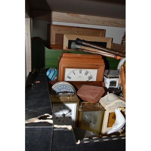 541 - FIVE BOXES AND LOOSE MISCELLANEOUS SUNDRIES, to include a copper kettle, copper coal scuttle, a wood... 