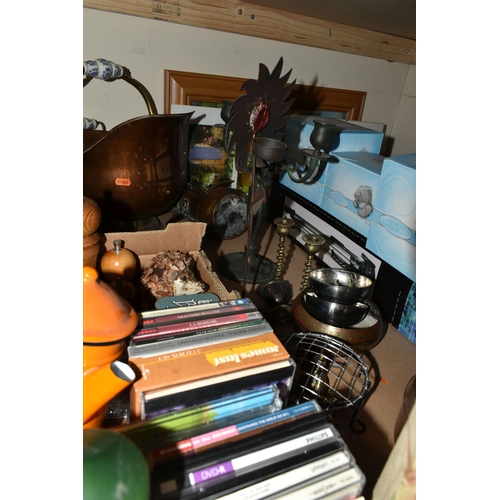 541 - FIVE BOXES AND LOOSE MISCELLANEOUS SUNDRIES, to include a copper kettle, copper coal scuttle, a wood... 