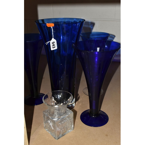 543 - A GROUP OF DARTINGTON GLASS VASES AND SIMILAR, comprising a large cobalt blue Dartington flared rim ... 