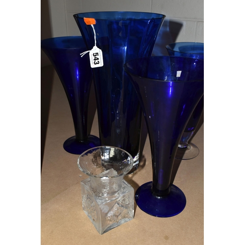 543 - A GROUP OF DARTINGTON GLASS VASES AND SIMILAR, comprising a large cobalt blue Dartington flared rim ... 