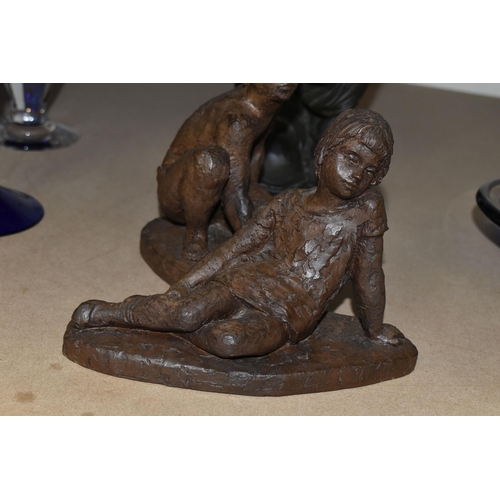 544 - A BRONZED RESIN MODEL OF A SCANTILY CLAD SEATED CLASSICAL FEMALE AND TWO KARIN JONZEN BRONZED RESIN ... 