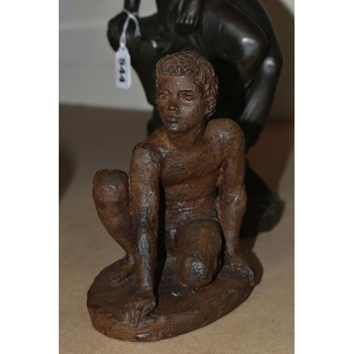 544 - A BRONZED RESIN MODEL OF A SCANTILY CLAD SEATED CLASSICAL FEMALE AND TWO KARIN JONZEN BRONZED RESIN ... 