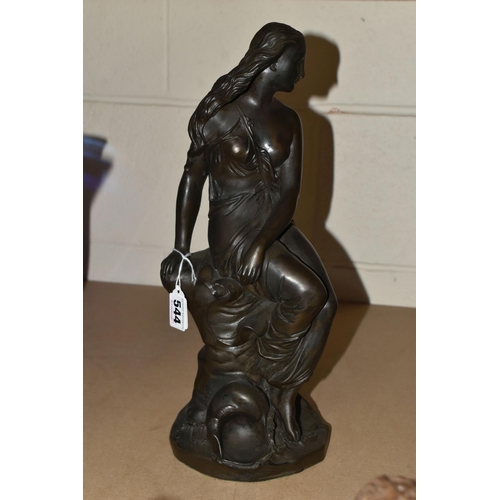 544 - A BRONZED RESIN MODEL OF A SCANTILY CLAD SEATED CLASSICAL FEMALE AND TWO KARIN JONZEN BRONZED RESIN ... 