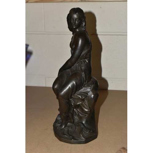 544 - A BRONZED RESIN MODEL OF A SCANTILY CLAD SEATED CLASSICAL FEMALE AND TWO KARIN JONZEN BRONZED RESIN ... 