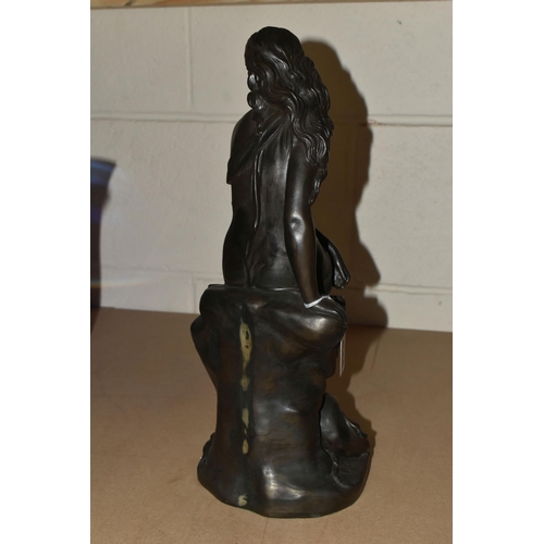 544 - A BRONZED RESIN MODEL OF A SCANTILY CLAD SEATED CLASSICAL FEMALE AND TWO KARIN JONZEN BRONZED RESIN ... 