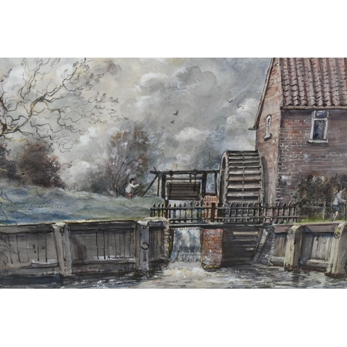 547 - CECIL J. THORNTON (1911-2001) A RIVER LANDSCAPE WITH WATER WHEEL, a figure is pulling a rope attache... 