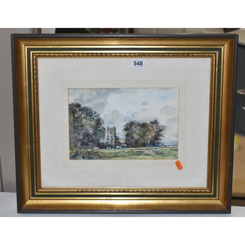 548 - CECIL J. THORNTON (1911-2001) A LANDSCAPE WITH CHURCH, cattle are in a field before a church and tre... 