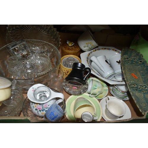 549 - FIVE BOXES OF CERAMICS AND GLASSWARE, to include two Royal Winton candle holders and covered trinket... 