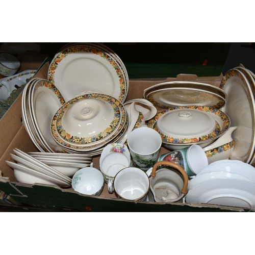 549 - FIVE BOXES OF CERAMICS AND GLASSWARE, to include two Royal Winton candle holders and covered trinket... 