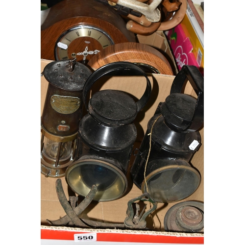 550 - TWO BOXES, TWO CASES AND LOOSE MISCELLANEOUS SUNDRIES, to include two metal railway lanterns, a John... 