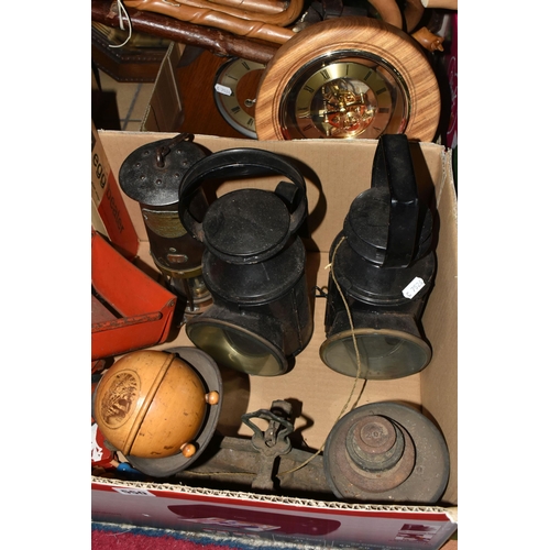 550 - TWO BOXES, TWO CASES AND LOOSE MISCELLANEOUS SUNDRIES, to include two metal railway lanterns, a John... 