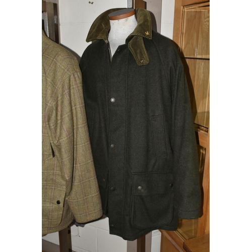 553 - FOUR GENTLEMEN'S COATS, to include a Barbour 'Pure British Wool' style T68 jacket, size XL, a dark g... 