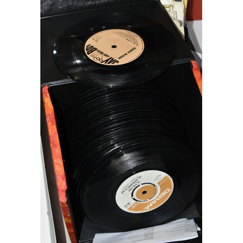 554 - ONE BOX OF SINGLE 45RPM RECORDS AND A CASE OF L.P RECORDS, approximately seventy singles, artists in... 