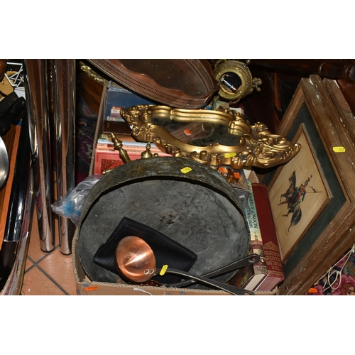 557 - THREE BOXES AND A SELECTION OF MIXED ITEMS to include two vintage copper bowls, a large copper tray,... 