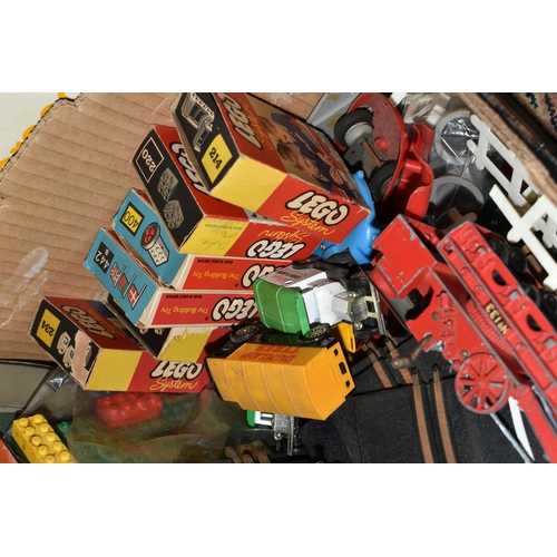 561 - TWO BOXES OF VINTAGE TOYS, to include six boxed Lego 'System' sets, 214, 220, 442b, 400, 237, 234 (a... 