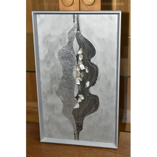 562 - BARRY BRETTELL (CONTEMPORARY) A VINTAGE MIXED MEDIA WALL PLAQUE, the abstract design is composed fro... 